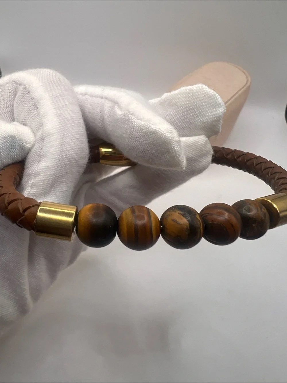 Brown Braided Leather Bracelet with Tiger Eye Beads and Gold Accents